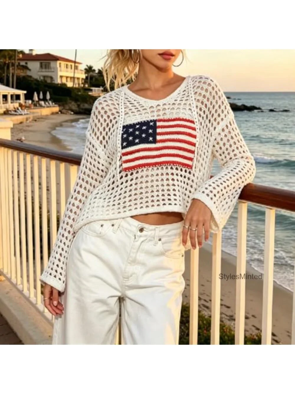 American Flag Crochet Hoodie Long Sleeve Hollow Out Knit Sweater Beach Cover Up